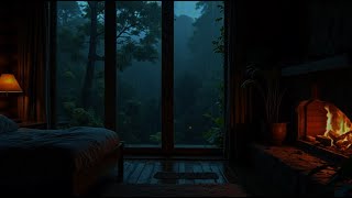 Rainy Night in Wooden Cabin with Fireplace | Cozy Rain Sounds for Sleep, Relaxation