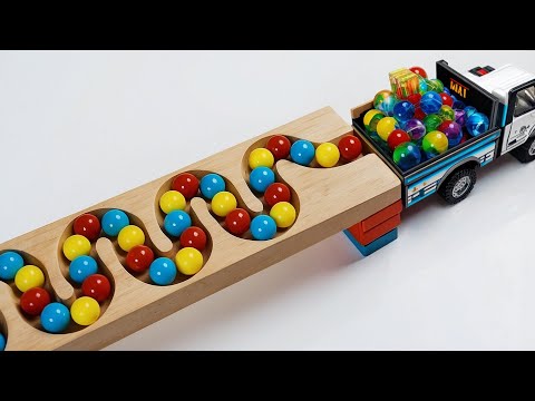 Marble Run Race ☆ HABA Slope & Retro Makita Truck, Excavator, Garbage Truck, Dump Truck, Ambulance