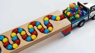 Marble Run Race ☆ HABA Slope & Retro Makita Truck, Excavator, Garbage Truck, Dump Truck, Ambulance