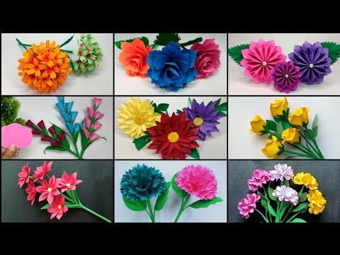 Paper Flowers || 9 different types of beautiful paper flowers for home decoration || paper craft