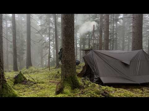 New Tent with Stove, Hot Tent Camping, Mushroom Picking, Foggy Forest, Hazelnut and Walnut Bread.