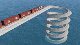 Impossible Spiral Loop Rail Tracks Vs Trains Crossing - BeamNG.Drive