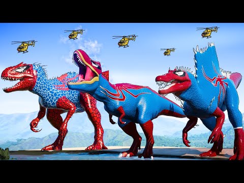 Spider-Man T-Rex, Ultimasaurus I-Rex, Indoraptor, Giganotosaurus Tyrannosaurus Dinosaurs Fighting