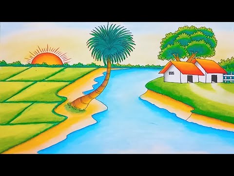 Sunset Scenery with Oil Pastel for Beginners | How to Draw Beautiful River Sunset Scenery Drawing