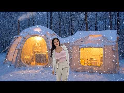 Camping in Heavy Snow❄️with 2-Room Inflatable Tent | Camp ASMR