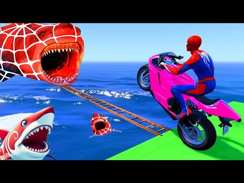 SPIDER MAN Takes on Spiral Bridge Stunt Ride on Motorcycle🦺🥽بطال الخارقين على القضبان دوامة قمع جس