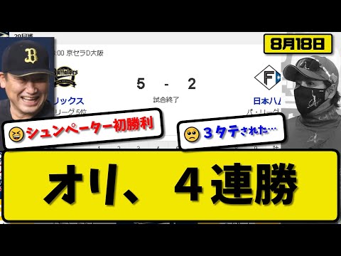 【2位vs5位】オリックスバファローズが日本ハムファイターズに5-2で勝利…8月18日逆転勝ち3タテで4連勝…先発山下5回1失点初勝利…森&杉本が活躍【最新・反応集・なんJ・2ch】プロ野球