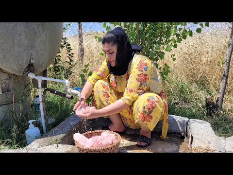 Daily village life in autumn: Cooking chicken and saji bread in Iranian village style