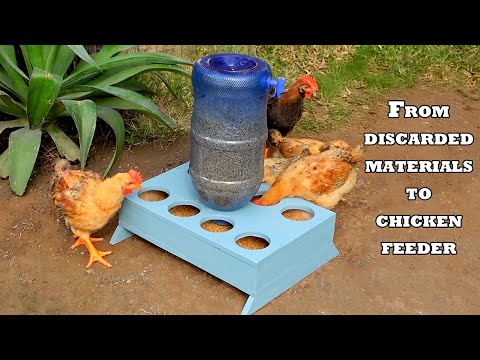 Unique chicken feeder from wood & plastic bottle