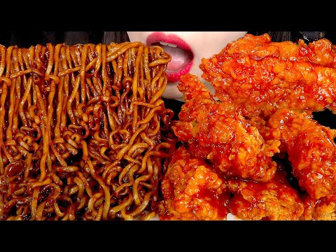 ASMR BLACK BEAN NOODLES SPICY FRIED CHICKEN 양념치킨 짜파게티 먹방 MUKBANG EATING SOUNDS 咀嚼音 | ZOEY ASMR