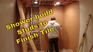 Complete shower install, backer, mud pan, tile walls, floor, linear drain, everything