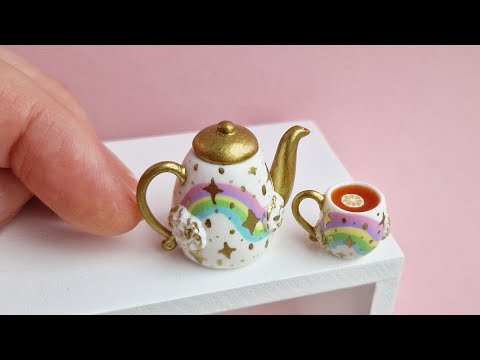 Miniature teapot and cup with pastel rainbow🩷Polymer clay