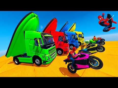 Spiderman & Super Heroes Race In Mega Ramps By Mack Trucks & Sea Bikes Super Cars