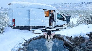 Van Camping in a Rare Desert Snowstorm | Hot Springs and Snow Caves