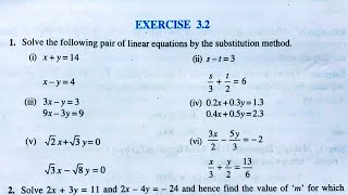 10 th (NCERT) Math-PAIR OF LINEAR EQUATIONS IN TWO VARIABLES CHAPTER-3 EXERCISE- 3.2 (Solutions)