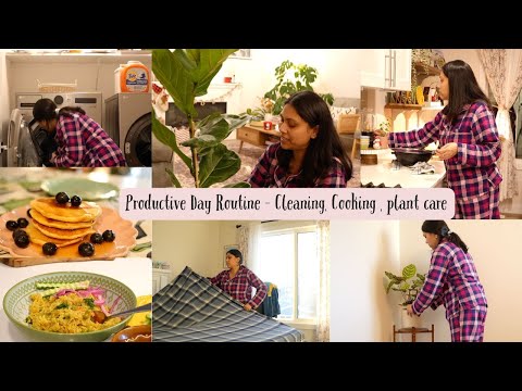 Productive Holiday Routine - Cooking, Cleaning, Plant Care - Cozy warm Vlog (Veg Pulao  / Pancake)