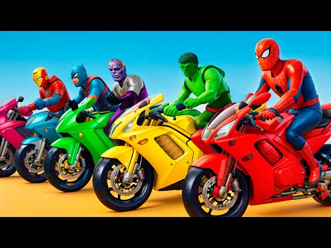 Superheroes on a motorcycle ride over the sea along the Spider-Man Bridge GTA 5