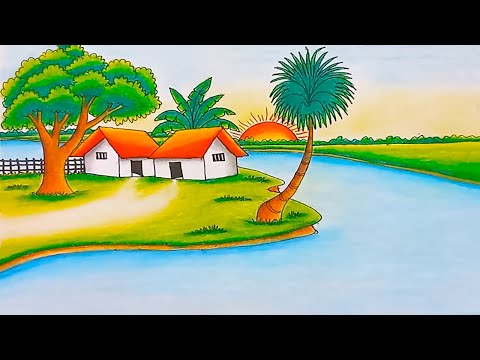 How to Draw Beautiful Landscape Village Scenery Drawing Drawing Easy With Oil Pastel Color