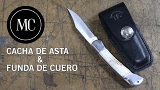 Cacha de asta y funda de cuero para navaja.