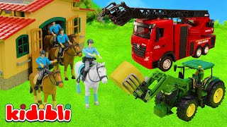🔥🚒 Toy Farm Rescue : Firefighter & Police Horses Save Tractor from Fire! | Toys for Kids | Kidibli