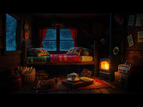 Peaceful Sleep in a Rustic Hut – Fireplace Sounds, Snowfall & Cozy Winter Ambience