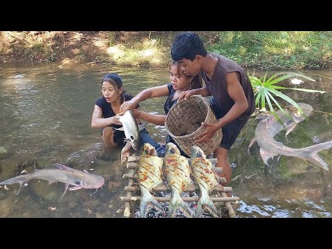 Survival in rainforest, Catch fish in the river for survival food, Fish hot spicy cooking for dinner