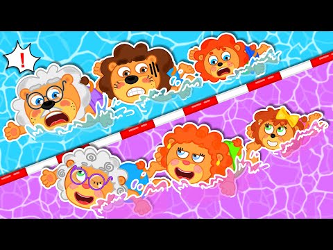 Lion Family | Pink vs Blue Challenge in a Swim Race Lion Family Fun Playtime | Cartoon for Kids