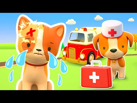 Vamos chamar a ambulância para o gatinho! Desenhos animados. Desenho animado dos Veículos de serviço