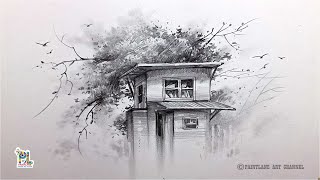 Pencil Sketch and Shading Old House and Tree by Pencil