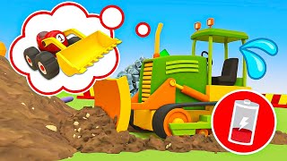 The racing cars turn into little diggers and help construction vehicles at the construction site.