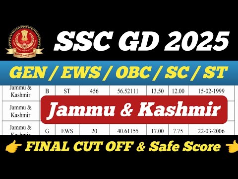 Jammu & Kashmir SSC GD 2025 FINAL CUT OFF ll J&K SSC GD Category Wise FINAL cut off & Safe Score