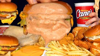 ASMR MUKBANG CANES SAUCE MCDONALDS BURGERS CHIPOTLE BURRITOS CHICKEN & FRIES | WITH CHEESE