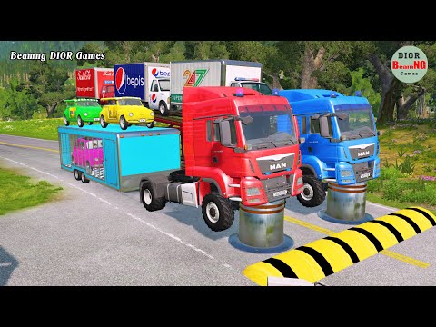 Double Flatbed Trailer Truck vs speed bumps|Busses vs speed bumps|Beamng Drive|1049