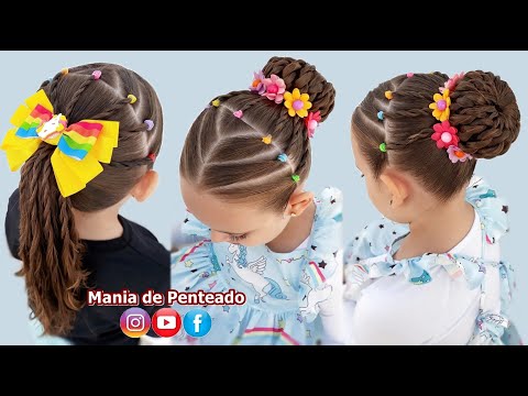 Penteado com Ligas, Tranças em Amarração ou Coque | Bun Hairstyle our Ponytail for Little Girls 😍🌺