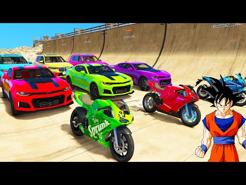 SPIDERMAN CARS UP DOWN Ramp Challenge ! SUPERHERO HULK BIKE Monster Truck MOTOS EPIC Stunts - GTA V