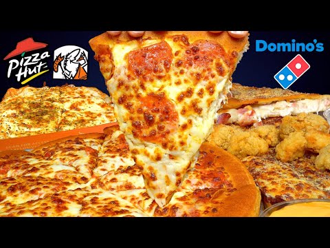 ASMR MUKBANG DOMINO’S EXTRA CHEESE PIZZA HUT CAESARS CHEESY BREAD & CHICKEN | WITH CHEESE + RANCH