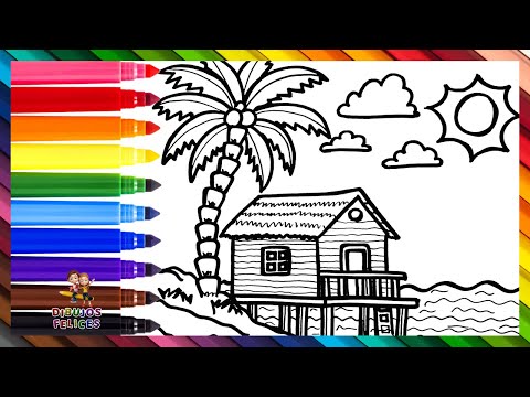 Dibuja y Colorea Un Paisaje De Playa 🌴🏠🌅🌊🌈 Dibujos Para Niños