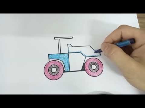 Coloring instructions for a picture of a steamroller with a pink cake