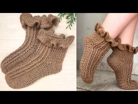 Meia de crochê facil e delicada/ Crochet sock/ Calcetín de ganchillo