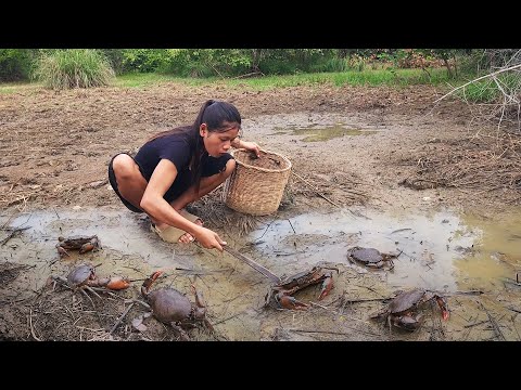 Mud Crab  for Survival food, Big crab soup tasty with Mushroom for dinner