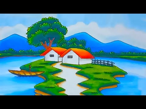 How to Draw Easy Scenery | Beautiful Village Landscape Drawing with Oil Pastels