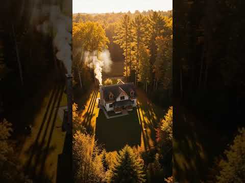 House with smoke rising from kitchen, golden sunlight through trees