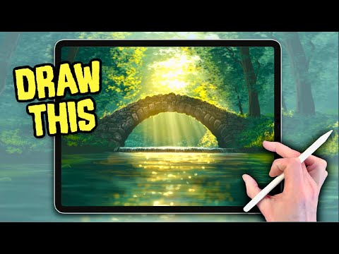 EASY PROCREATE Landscape Drawing Tutorial - Spring Bridge