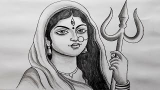 how to draw maa durga face with trishul easy pencil sketch,durga thakur drawing,navratri drawing,