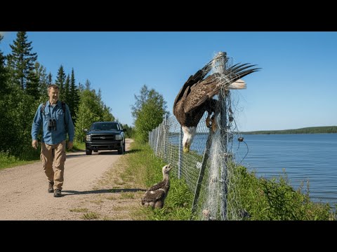 Man Rescues a Mother Bald Eagle Caught on a Fence โ Her Chick Waits Below