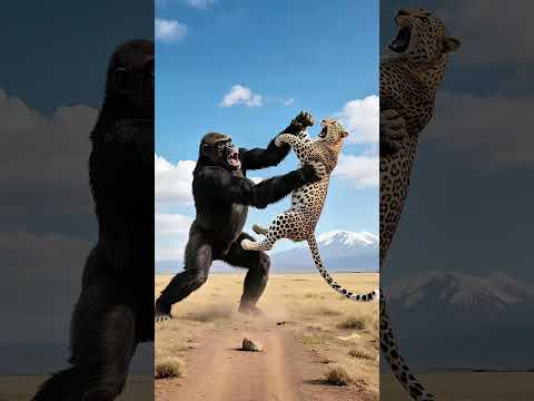 The leopard attacks the baby gorilla, and the chimpanzee counterattacks furiously