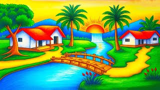 How to Draw a Beautiful Mountain Village Scenery with River & Sunset | Oil Pastel Drawing
