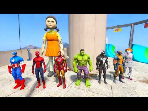 GTA 5 SPIDERMAN Water Slides RAGDOLLS - Hulk, Iron man, Squid game dolls Euphoria Ragdolls Ep.13