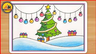 Christmas Drawing | Christmas Tree Drawing| Merry Christmas Drawing| Christmas scenery Drawing