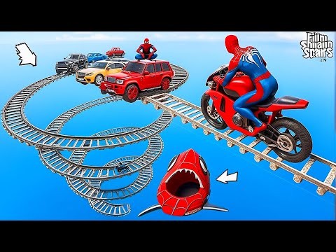 الأبطال الخارقين على القضبان دوامة قمع جسر SPIDER MAN! 🏍️on Motorcycle in Spiral Bridge Stunt Ride